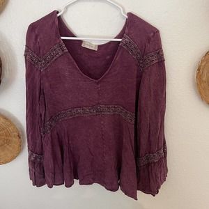 Altar’d State Purple Flowy Blouse Size L Bohemian Summer Beach Boho Long Sleeve